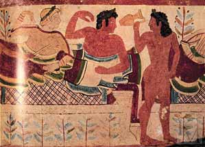 Сцена пира из этрусской гробницы Леопардов (около 470 до н.э.)  Читать полностью: http://www.km.ru/front-projects/russkii-yazyk-velikoe-dostoyanie-vsego-chelovechestva/russkaya-pravda-ob-etruskakh-ne