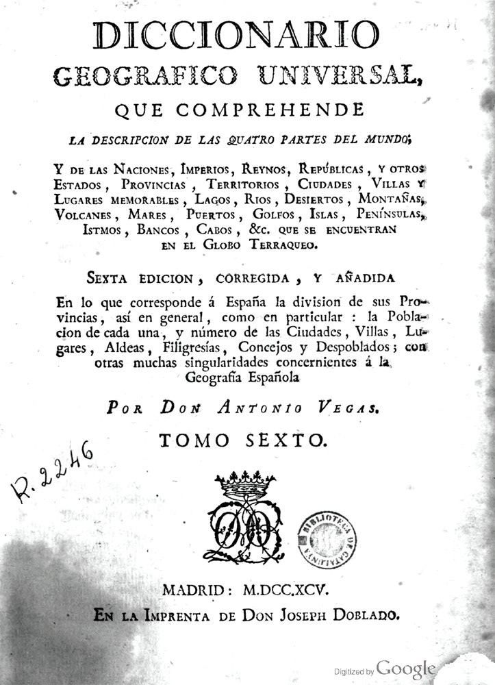 Титульный лист испанской энциклопедии Diccionario Geografico Universal, 1795